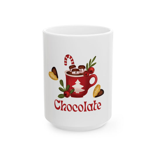 Hot Chocolate Christmas Mug – Festive Red Cocoa Cup with Candy Cane & 'Chocolate' Text
