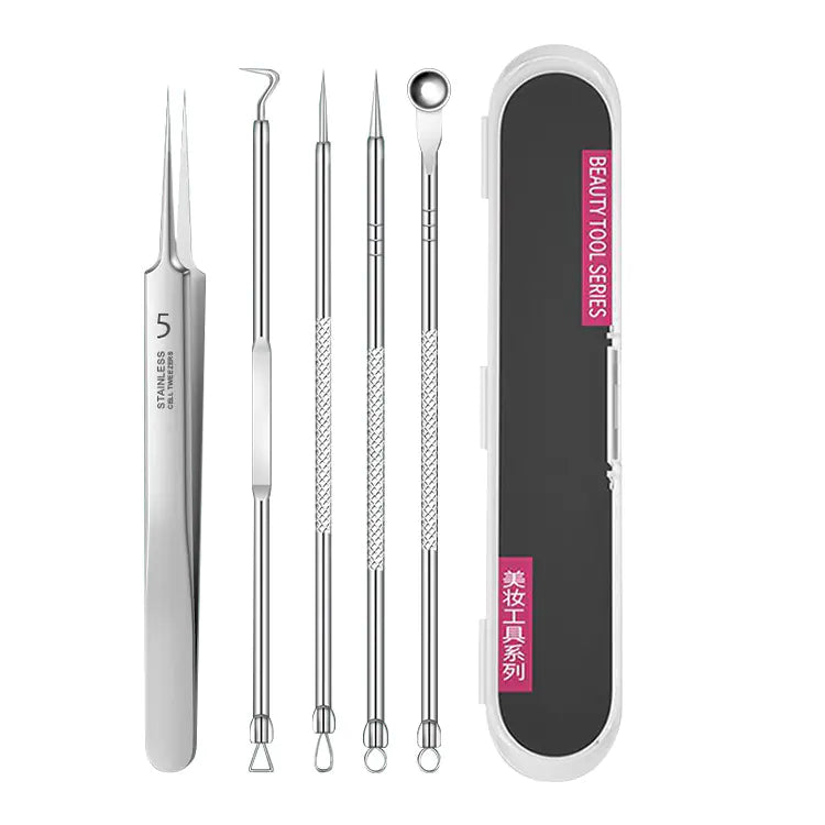 stainless steel pimple extractor kit with needles and hook tools