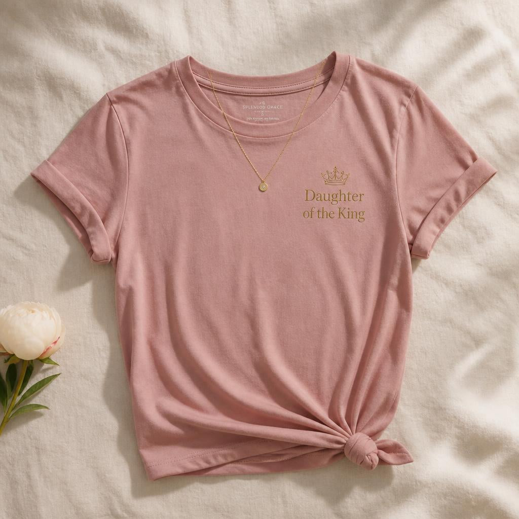 Daughter of the King dusty rose women's tee with gold crown and serif wordmark