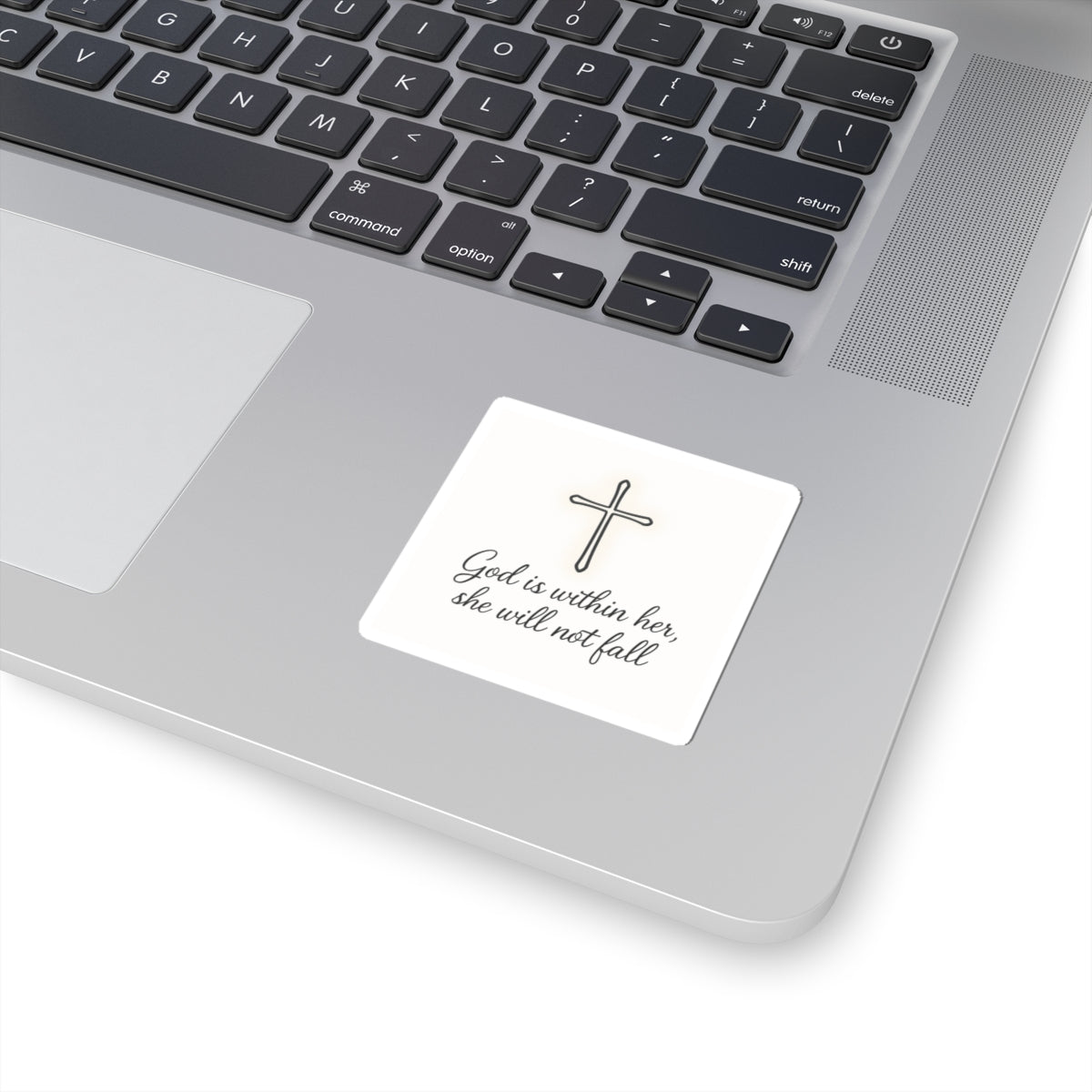 Christian Cross Sticker — "God is within her, she will not fall" Inspirational Faith Kiss-Cut Sticker
