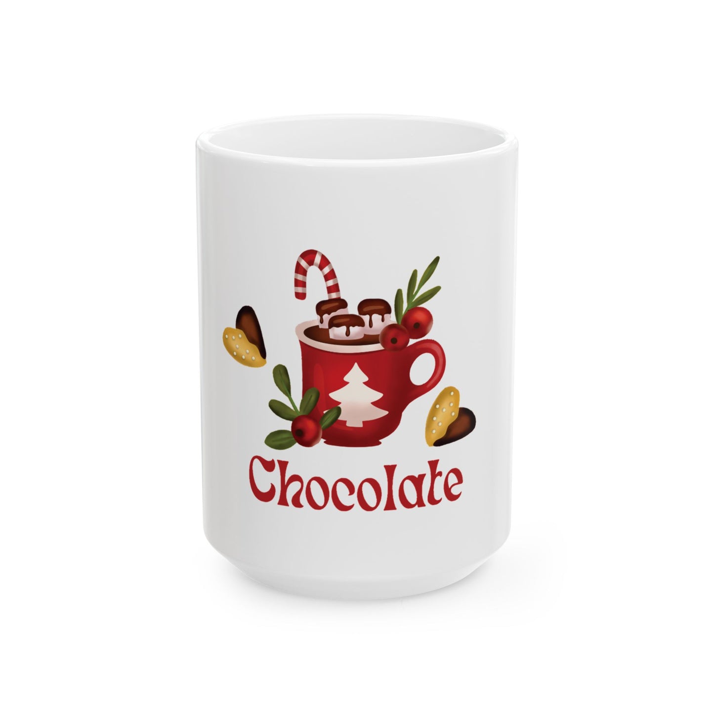 Hot Chocolate Christmas Mug – Festive Red Cocoa Cup with Candy Cane & 'Chocolate' Text