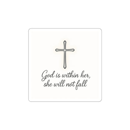 Christian Cross Sticker — "God is within her, she will not fall" Inspirational Faith Kiss-Cut Sticker