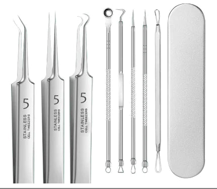 stainless steel pimple extractor kit with needles and hook tools