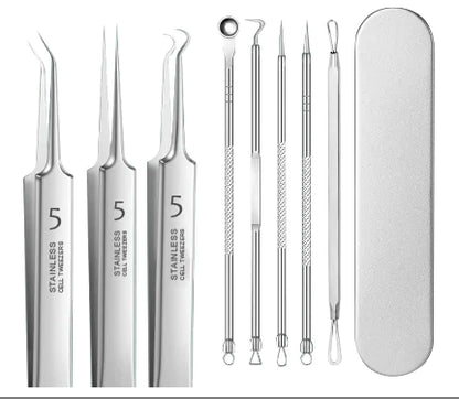 stainless steel pimple extractor kit with needles and hook tools