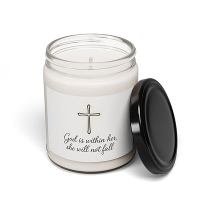 Soy Candle — "God is Within Her, She Will Not Fall" Inspirational Christian Scented Candle, 9oz