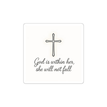 Christian Cross Sticker — "God is within her, she will not fall" Inspirational Faith Kiss-Cut Sticker