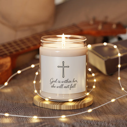 Soy Candle — "God is Within Her, She Will Not Fall" Inspirational Christian Scented Candle, 9oz