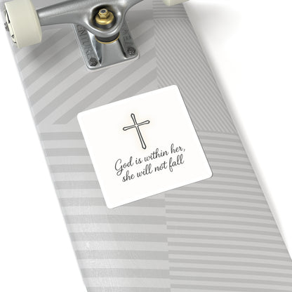 Christian Cross Sticker — "God is within her, she will not fall" Inspirational Faith Kiss-Cut Sticker