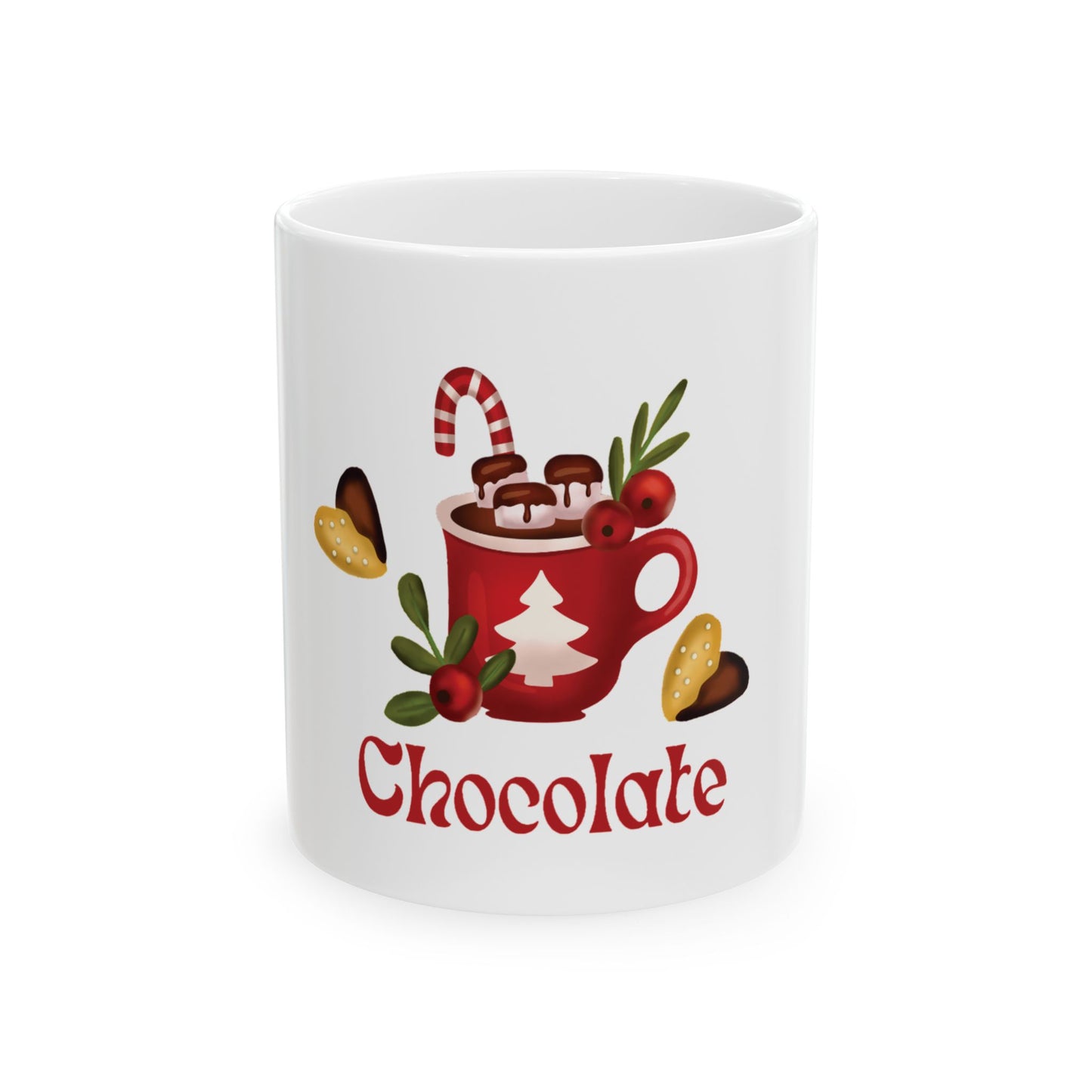 Hot Chocolate Christmas Mug – Festive Red Cocoa Cup with Candy Cane & 'Chocolate' Text