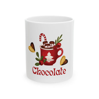 Hot Chocolate Christmas Mug – Festive Red Cocoa Cup with Candy Cane & 'Chocolate' Text