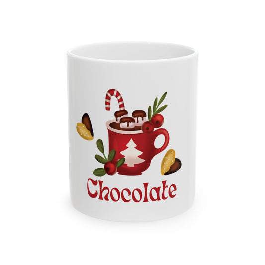 Hot Chocolate Christmas Mug – Festive Red Cocoa Cup with Candy Cane & 'Chocolate' Text