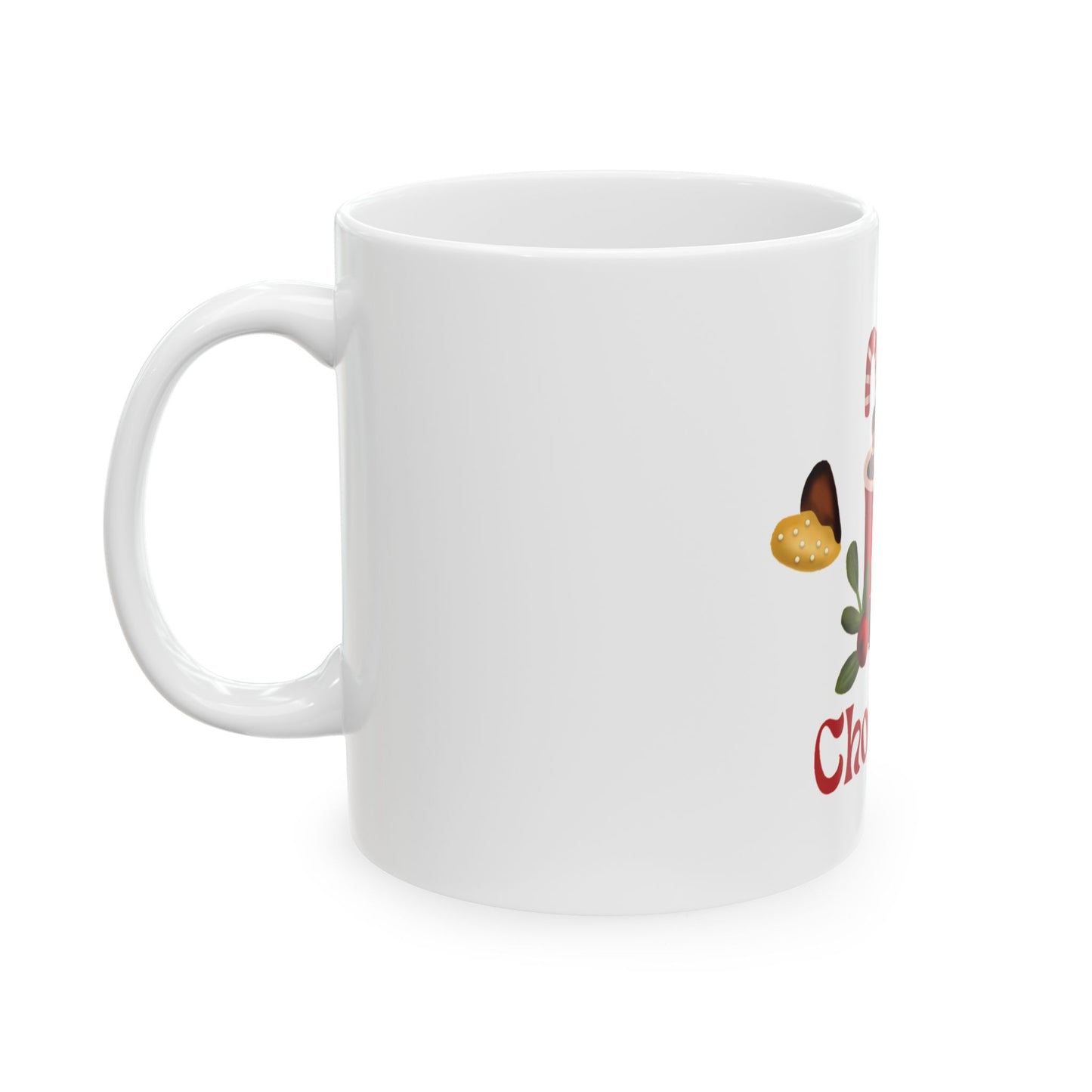 Hot Chocolate Christmas Mug – Festive Red Cocoa Cup with Candy Cane & 'Chocolate' Text