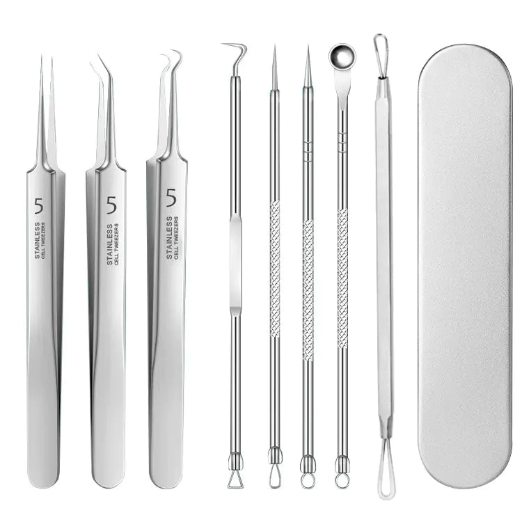 stainless steel pimple extractor kit with needles and hook tools