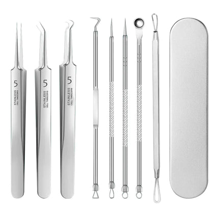 stainless steel pimple extractor kit with needles and hook tools