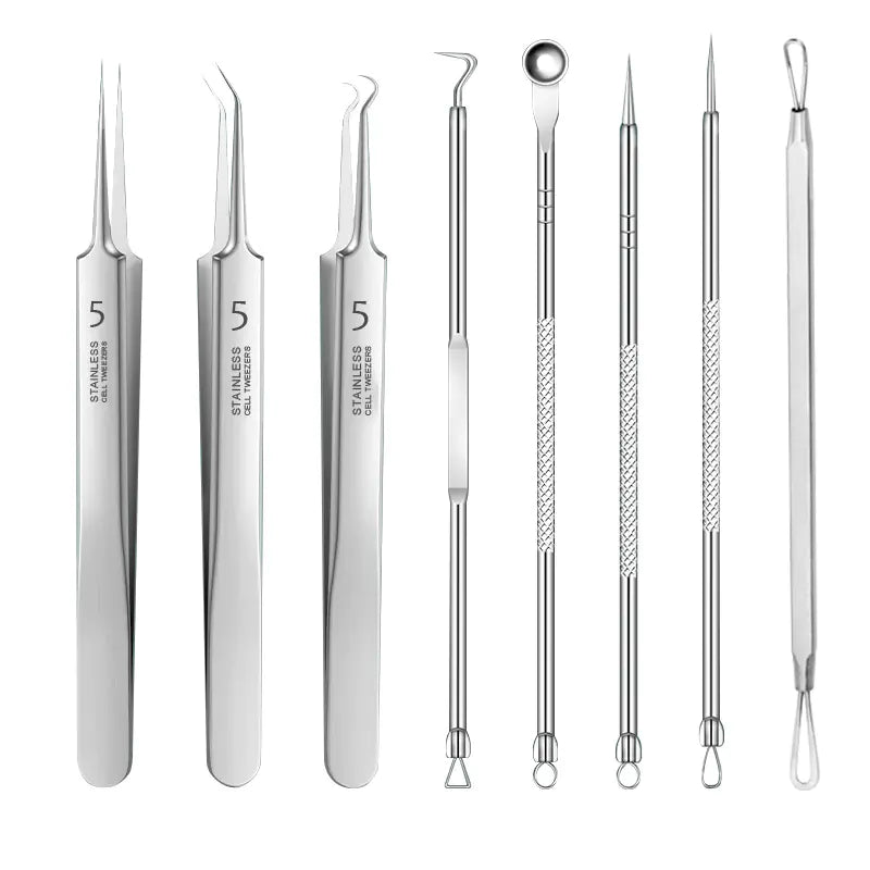 stainless steel pimple extractor kit with needles and hook tools