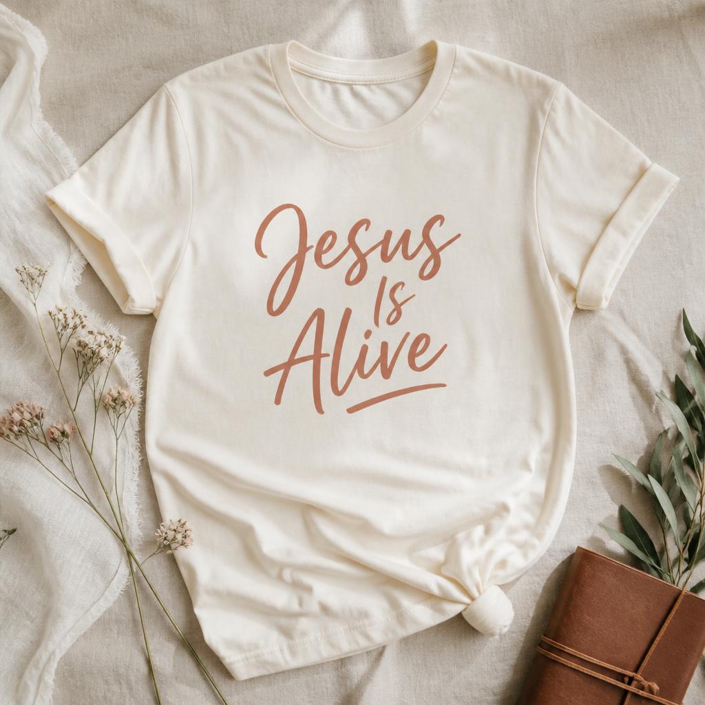 Jesus Is Alive cream cotton t-shirt with hand-lettered terracotta script