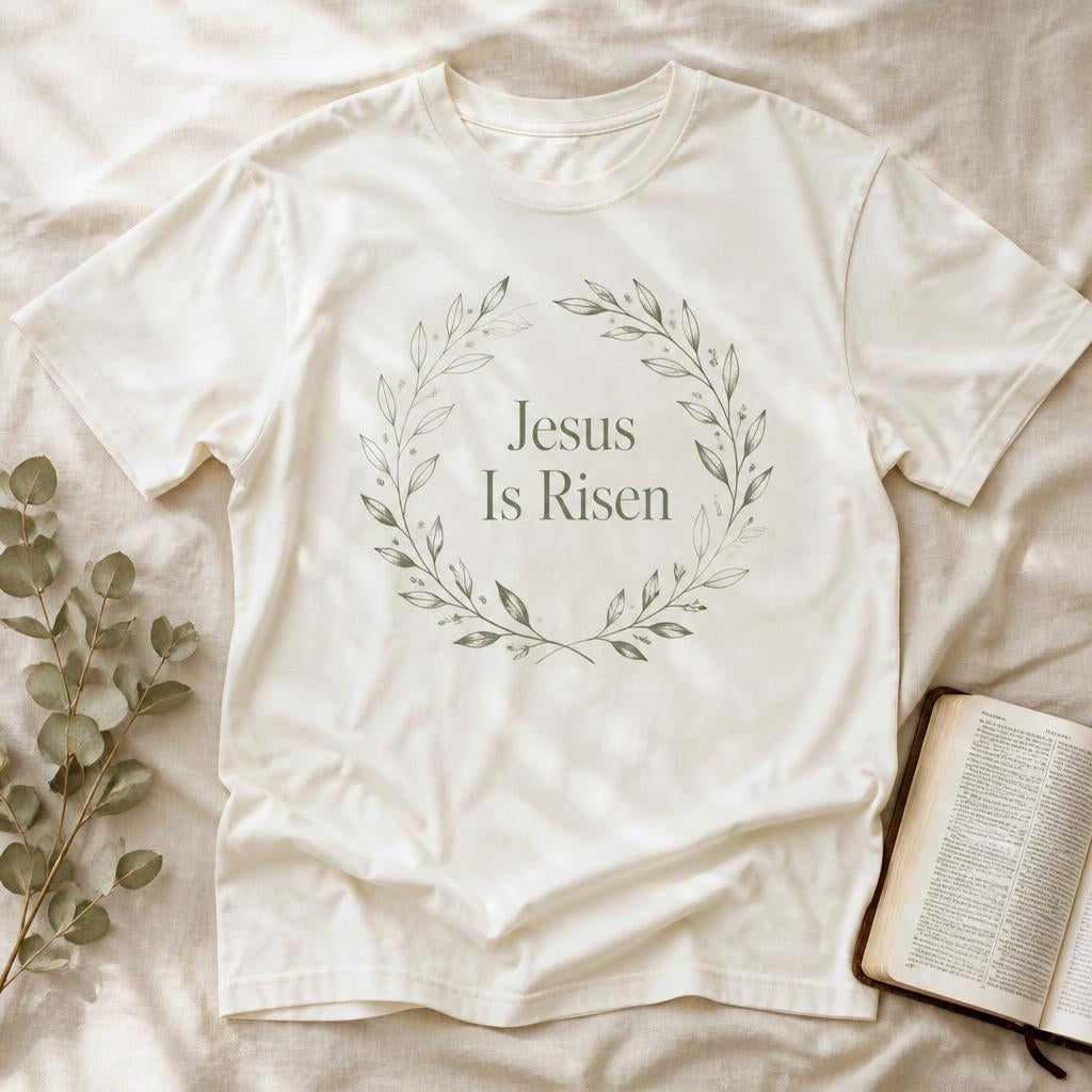 Jesus Is Risen cream cotton t-shirt with hand-illustrated sage laurel wreath