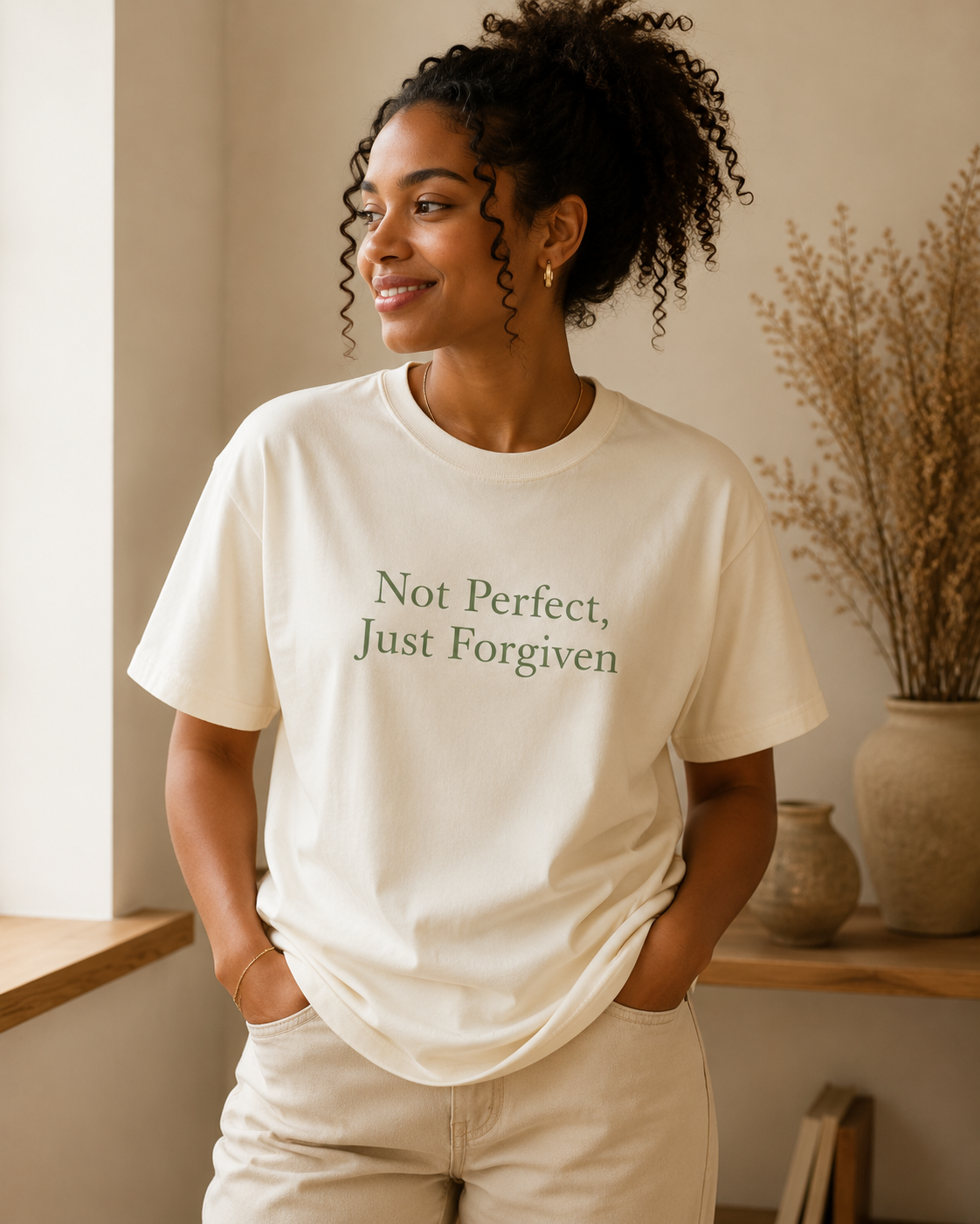 Not Perfect Just Forgiven Christian T-shirt worn by a Black female model